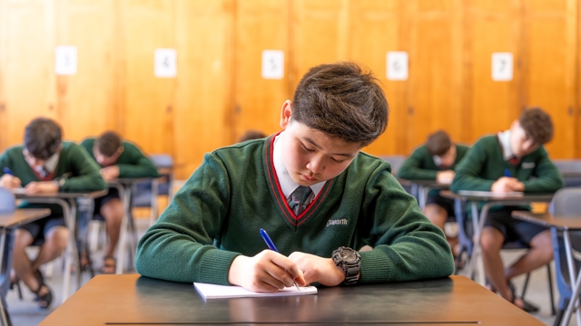 student sitting at a desk doing an exam