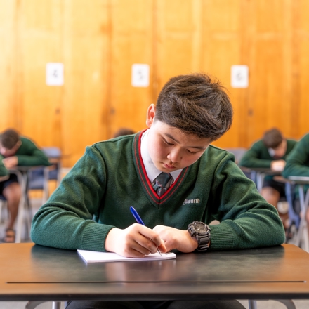 student sitting at a desk doing an exam